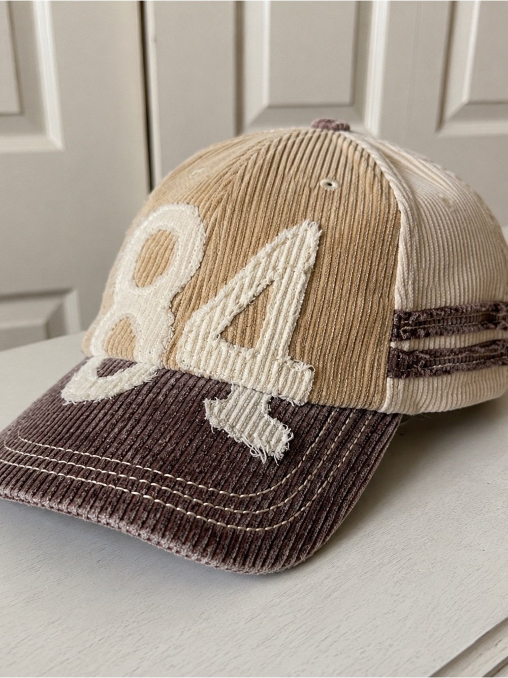 Free People Hollie Varsity Corduroy Baseball Hat Cream Brown NWT
